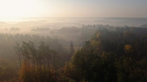 4k AERIAL: Flight over foggy autumn forest and small house in Poland. 3840x2160, 30fps.