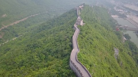 Aerial drone view of the Great Wall of China. 