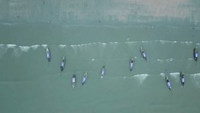 top down drone flying view aerial footage long tail boats on coastline in summer day Thailand Krabi Ao Nang 4k video
