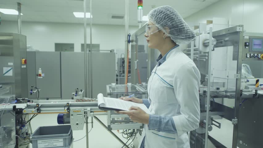 Young focused female worker in sterile clothes checking the new equipment medical factory. Royalty-Free Stock Footage #1019706295
