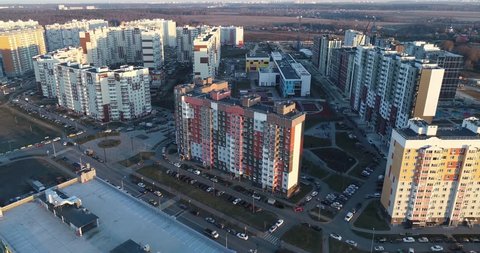 Aerial panorama 4k video of New Vatutinki district surroundings, Troitsk region, Russia