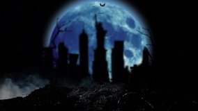 Bright moon is shining, and silhouettes of statue of Liberty multistory houses and trees are visible. Smoky background - Powered by Shutterstock - Get 15% off with code: PIKWIZARD15