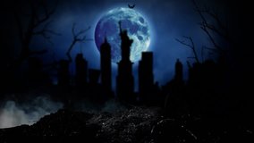 Bright moon is shining, and silhouettes of statue of Liberty multistory houses and trees are visible. Smoky background - Powered by Shutterstock - Get 15% off with code: PIKWIZARD15