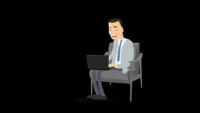 Animated cartoon  video of  an executive with laptop on his knees sitting on a grey armchair, wearing a suit  with a blue tie. The man is typing on his computer. 