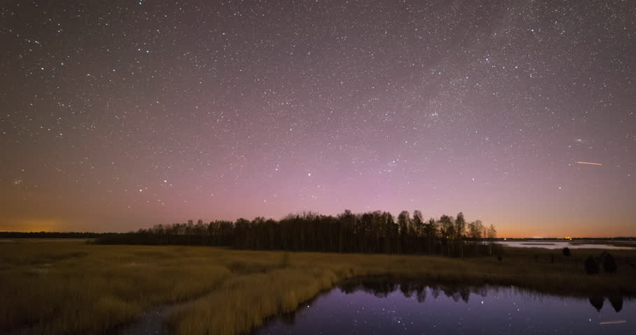 Time lapse of star trails over a reed covered lake