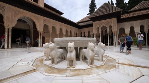 GRANADA, SPAIN - CIRCA JUNE, 2018: 
Famous Lion Fountain Court inside Alhambra Palace, UNESCO site in Granada, Andalucia.