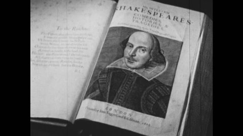 1950s: Portrait of William Shakespeare in book. Hand turns page.