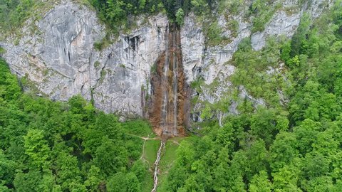 waterfall landscape aerial top view travel calm scenery background in slow motion