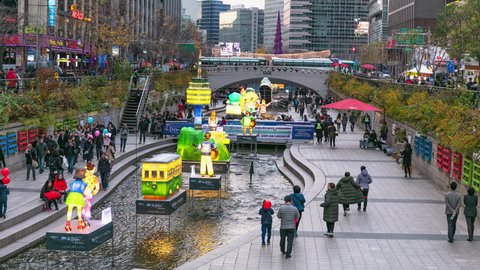 SEOUL, SOUTH KOREA - NOVEMBER 17: Time Lapse of Seoul lantern festival at cheonggyecheon stream on November 17, 2018 in Seoul, South Korea