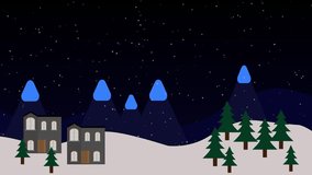 Amazing 2D animation scene with snow falling from the sky and a nice firework shooting into the dark night.
