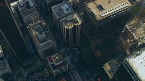 Los Angeles, California CIRCA - 2018. Top Down aerial view downtown helicopter pads on a sunny day in Los Angeles, California. Shot on 4K RED camera. 