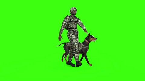 soldier goes with military dog, animation, loop, green screen