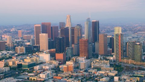 Los Angeles, California CIRCA - 2018. Flying around downtown Los Angeles at sunset. Wide shot on 4k RED camera.