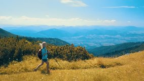 Aerial View Happiness Woman tourist walking on the top of mountain in summer sunny day under sun light. Beautiful mountains landscape view. Drone 4K Video

