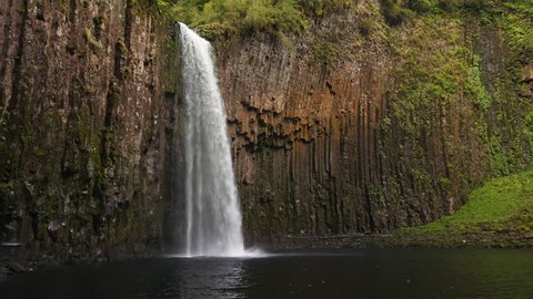 Abiqua waterfalls flowing over basalt rock cliff into pool of water deep in the forest of Oregon.