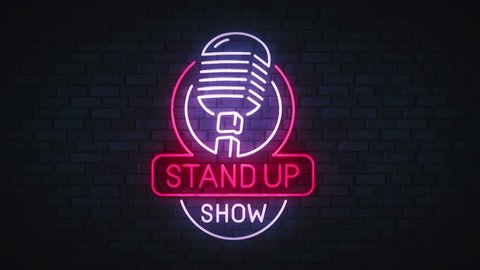 Stand Up neon sing. Logo, emblem, banner and label, bright signboard, light movie