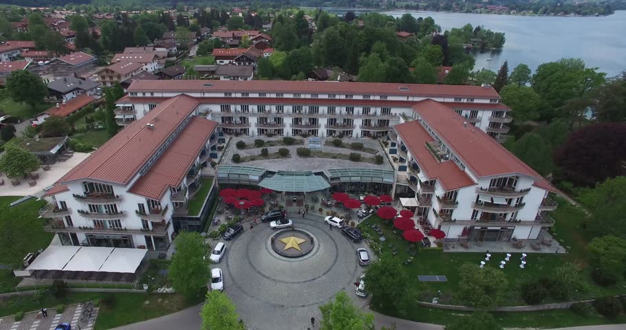 Aerial-Flying back from a hotel located on lake side