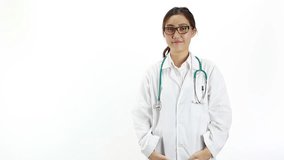 Asian young female doctor smiling at camera isolated on white background