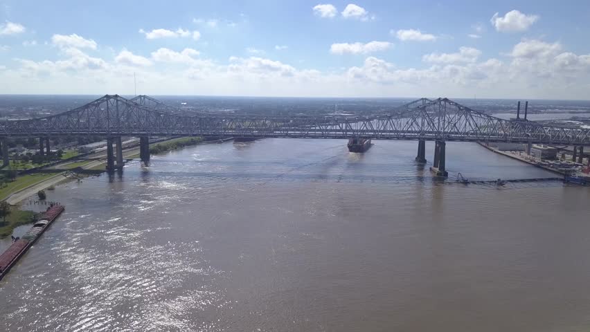 Aerial New Orleans river, bridge and Downtown, Louisiana