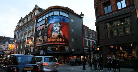 LONDON, ENGLAND - 30 AUG 2018: London theater district road Les Miserables evening England. London's West End theatre district. Similar to New York Broadway.  Theatreland has over 400 theater shows.