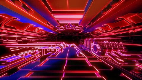 Neon spaceship interior tunnel animation. Seamless retro futuristic background.