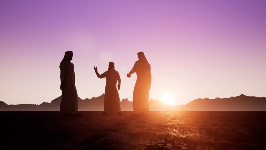 The silhouettes of three Arabs in dishdasha are talking to each other. Beautiful dawn sunrise | Shutterstock HD Video #1019773648
