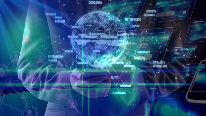 Digital composite of Science Composition Hologram of earth combined with illustration of different devices | Shutterstock HD Video #1019780995