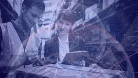 Digital composite of Warehouse Composition Man and woman working in a warehouse combined with animation of turning earth - Powered by Shutterstock - Get 15% off with code: PIKWIZARD15