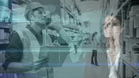 Digital composite of Warehouse Composition Man in the warehouse combined with animation of a woman touching a map which turns into a connected world - Powered by Shutterstock - Get 15% off with code: PIKWIZARD15