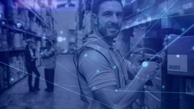 Digital composite of Warehouse Composition Man in the warehouse scanning a box combined with animation of connection - Powered by Shutterstock - Get 15% off with code: PIKWIZARD15
