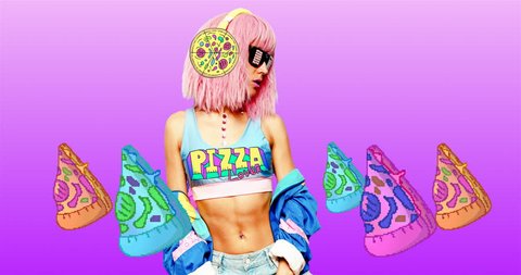 Fashion animation design. Fast food art. Dancing Girl Pizza Lover स्टॉक वीडियो
