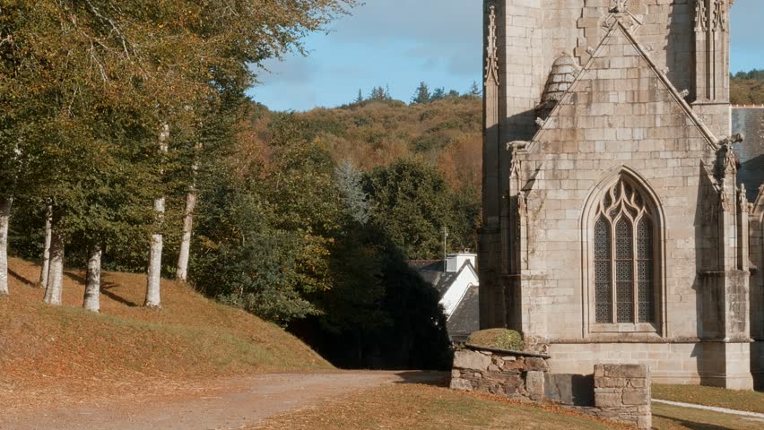 Saint-Herbot in Brittany, west of France. Typical gothic medieval church well preserved. October 2018.