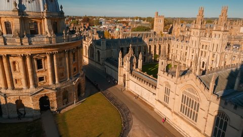 OXFORD, circa 2018 - Aerial panning shot of the Radcliffe Camera, a building of the Oxford University, England, UK, built in 1737