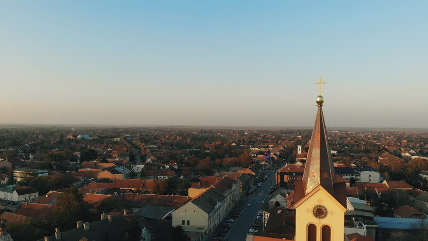 Religion concept,Cross On The church Aerial ,above drone view