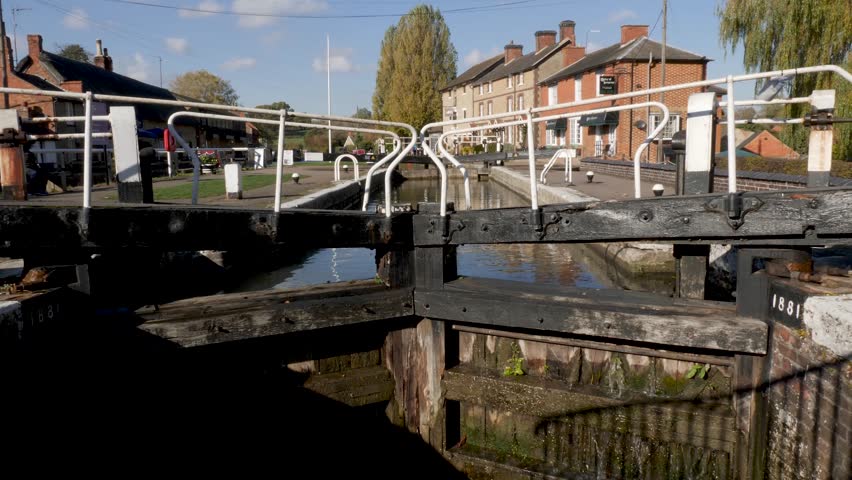 wide angle day view of boat canal in stoke bruerne england uk