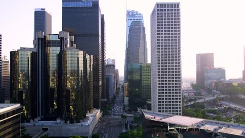 Down Town Los Angeles Aerial View Buildings Cloudy Day Sept 24 2018 Drones Helicopters The Westin union bank us bank Los Angeles Convention Center