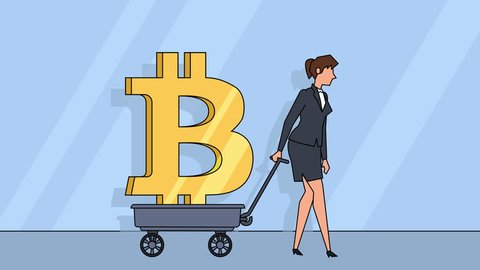 Flat cartoon businesswoman character  pulls cart with bitcoin sign money concept animation with alpha matte