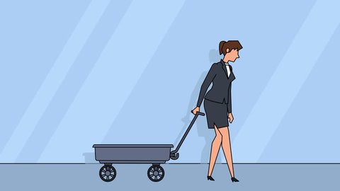 Flat cartoon businesswoman character pulls empty cart concept animation with alpha matte