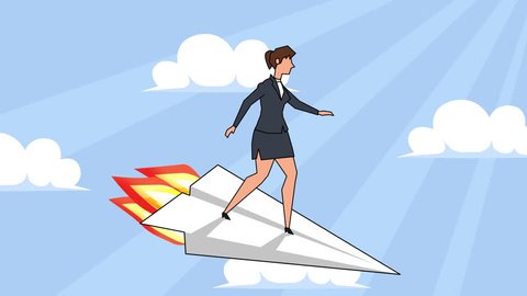 Flat cartoon businesswoman character flying on paper airplane crash
animation with alpha matte