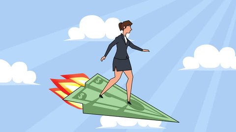 Flat cartoon businesswoman character flying on dollar paper airplane crash
animation with alpha matte