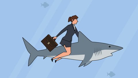 Flat cartoon businesswoman character riding a shark back swim business concept animation