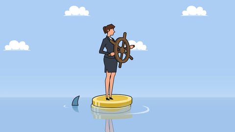 Flat cartoon businesswoman character with helm wheel floating on dollar coins near shark businesss control concept animation