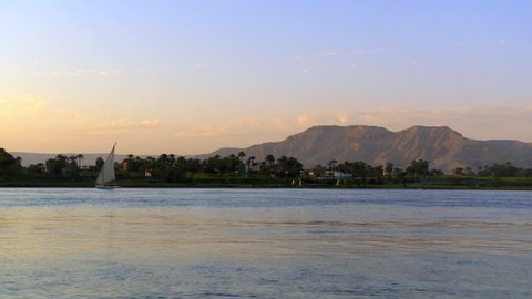 nile river and jetty, view from hotel towards west bank, Luxor/ Egypt