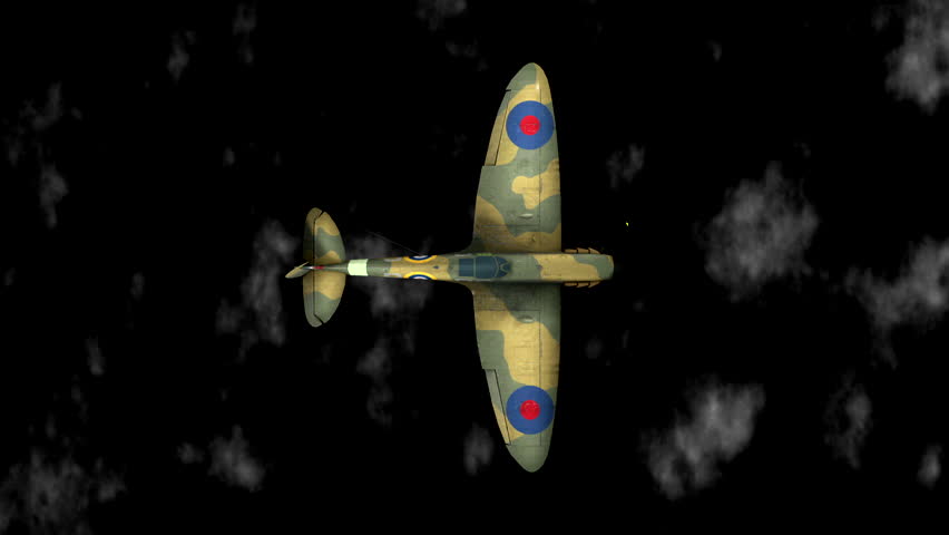 View from above of spitfire flying through grey cloudy sky
