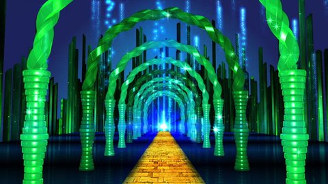 Emerald city scene with green disc structured archways, yellow brick road, light source in the center and rising trails