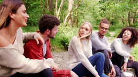 Five young adult friends taking a break during a hike sitting on rocks by a stream in a forest, handheld - Powered by Shutterstock - Get 15% off with code: PIKWIZARD15