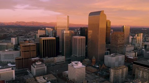 4k aerial drone footage - Sunrise over the city of Denver Colorado.  