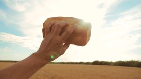 man holds a golden bread in a wheat field against the blue sky. slow motion video. successful agriculturist in field of wheat . harvest time lifestyle. bread baking vintage agriculture concept