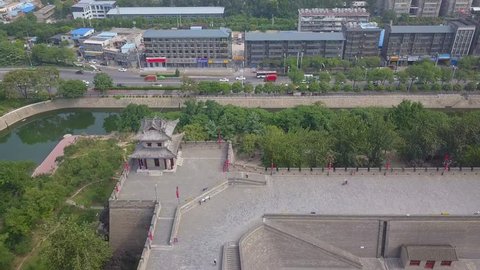 Aerial view around old watchtower of Xi'an City walls. Xian, China
