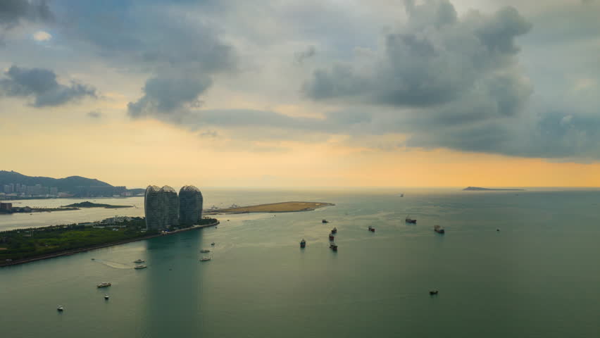 sunset time sanya bay famous island aerial panorama timelapse 4k china